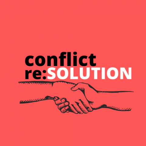 red background with text in black that reads "conflict re:" and solution is capitalized in white text. Directly below the text, two hands grasp one another in a gesture of peace. 